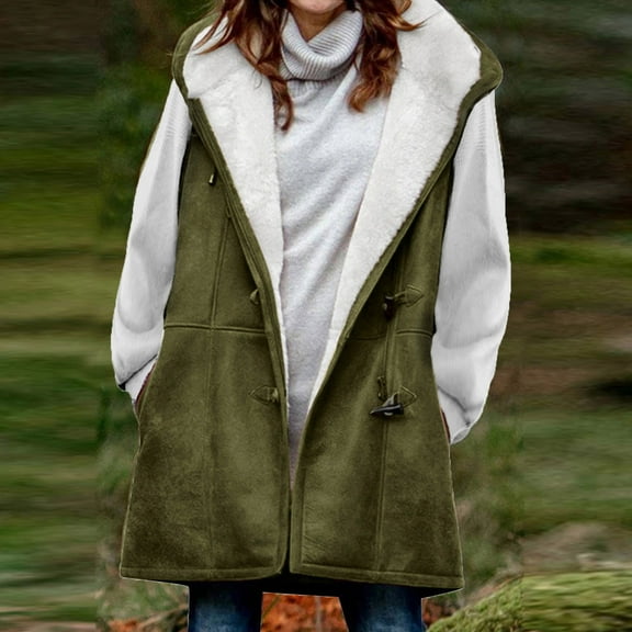 Herrnalise Womens fashion Winter Solid Plus Velvet Coat Sleeveless Horn Buckle Pocket Overcoat Tops Christmas Gifts For Women