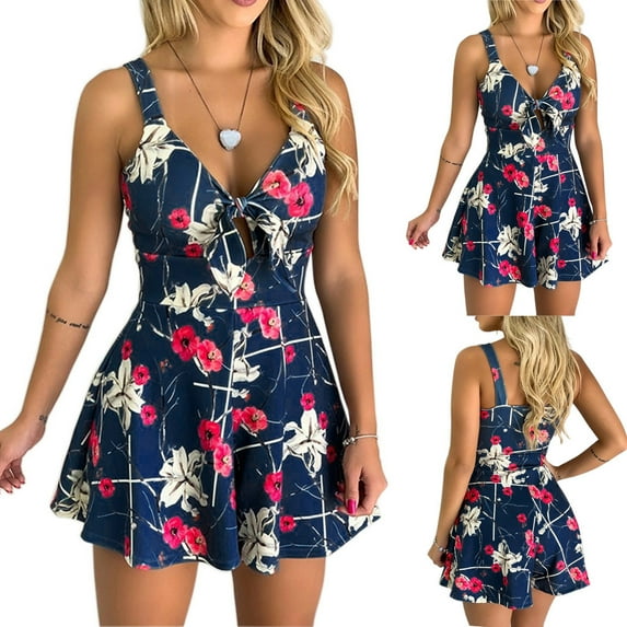 Herrnalise Workout Shorts for Women Women Fashion Print Strap Playsuits Chest Bow Tie Hollow Loose Short Jumpsuit