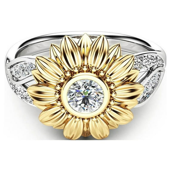 HolloyiverRetro Vintage Sun Flower Floral Cocktail Party Statement AnniversaryRing,Sunflower Cubic ZirconiaRing Gold Floral Leaf Band for Women Size 5-11