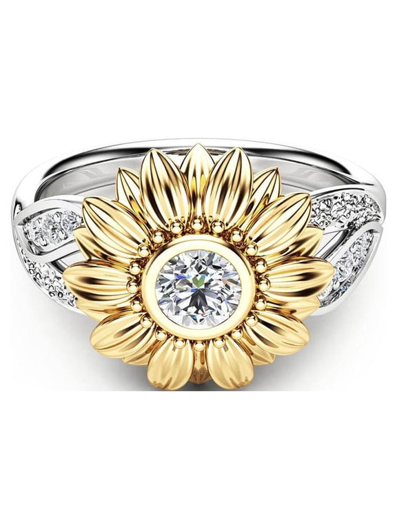 HolloyiverRetro Vintage Sun Flower Floral Cocktail Party Statement AnniversaryRing,Sunflower Cubic ZirconiaRing Gold Floral Leaf Band for Women Size 5-11