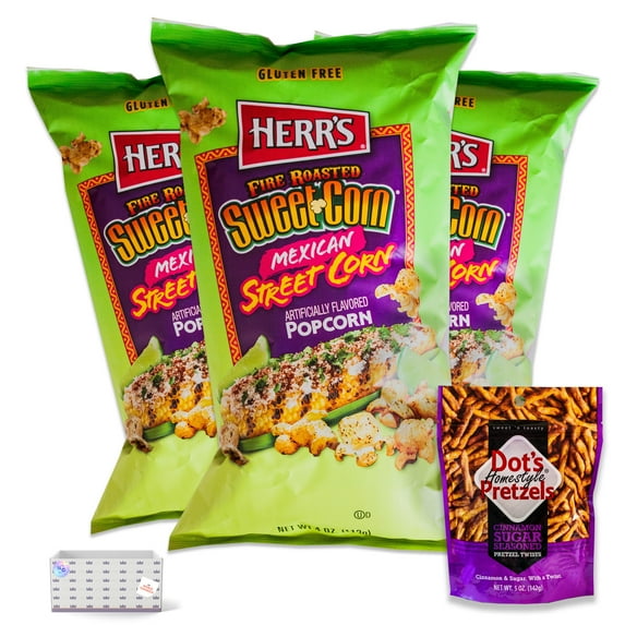 Herrs Fire Roasted Mexican Street Corn Popcorn (3, 4oz bags) - Cinnamon Sugar Pretzel Sticks (1, 5oz bag) - Gourmet Snack Bundle - 4 Items Total