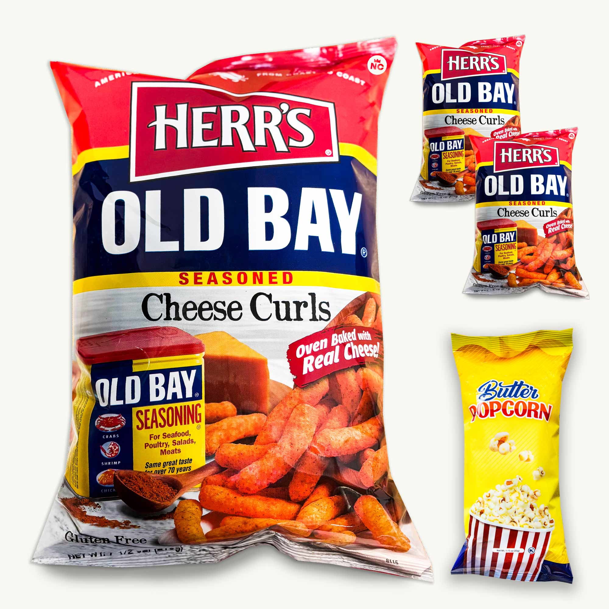 Herrs Old Bay Cheese Curls 7.5oz (3 bags) - Gourmet Butter Popcorn (1.15oz) - 4 Items Total
