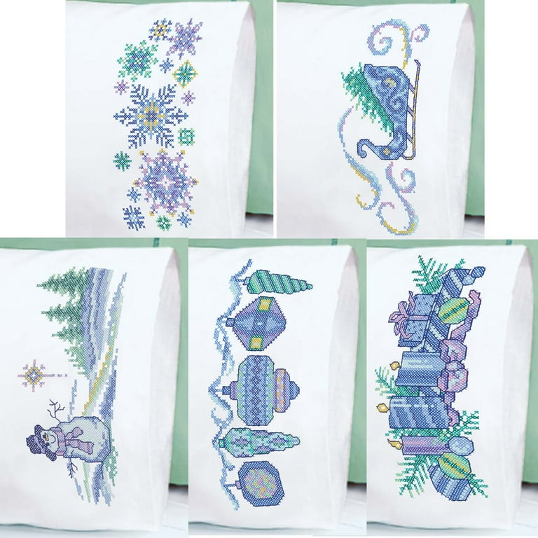 Herrschners Blue Christmas Pillowcase Set Stamped Cross Stitch