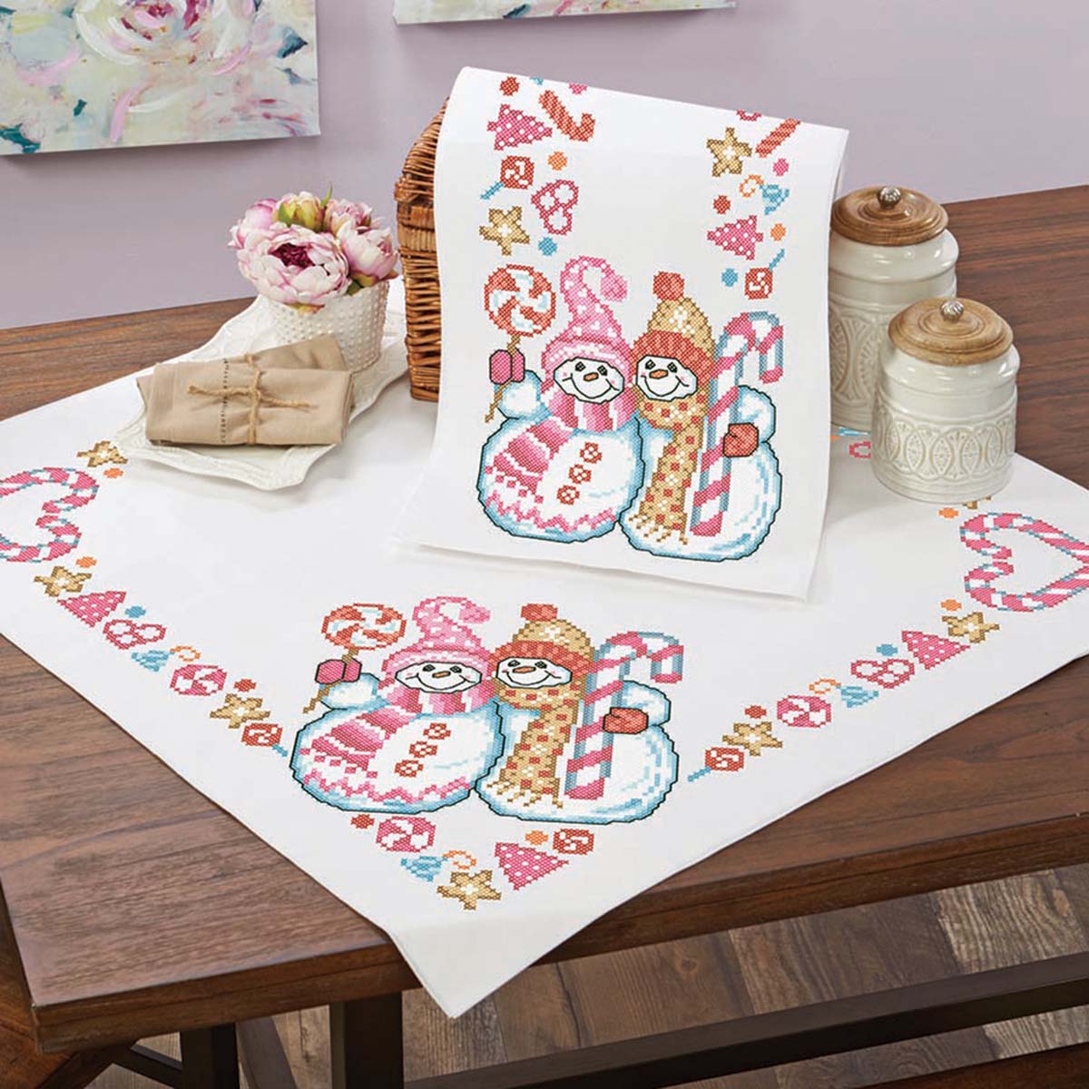 Herrschners® Candy Pink Christmas Table Topper & Table Runner Stamped ...