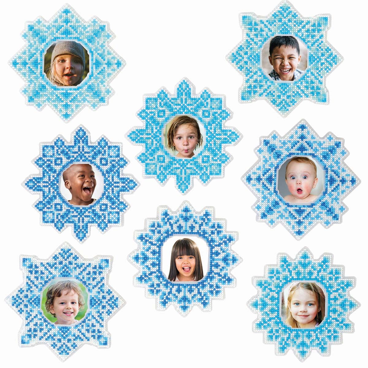 Cross-Stitch Snowflakes framed in double-sided ornament frames