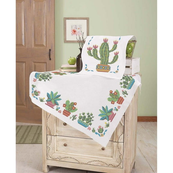 Herrschners Sunny Succulents Table Topper & Runner Stamped Cross-Stitch