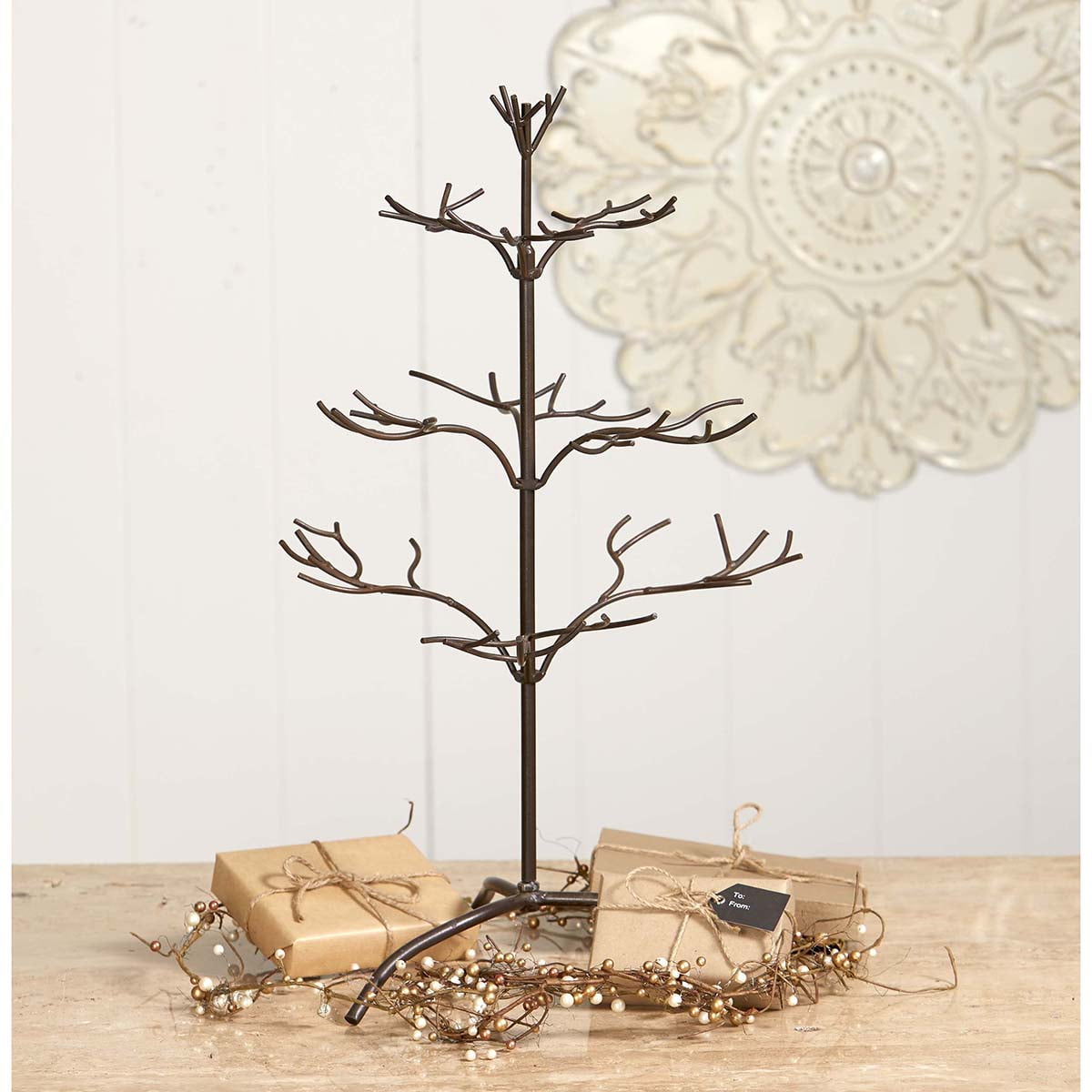 Natural Brown Metal Tabletop Tree Ornament Stand