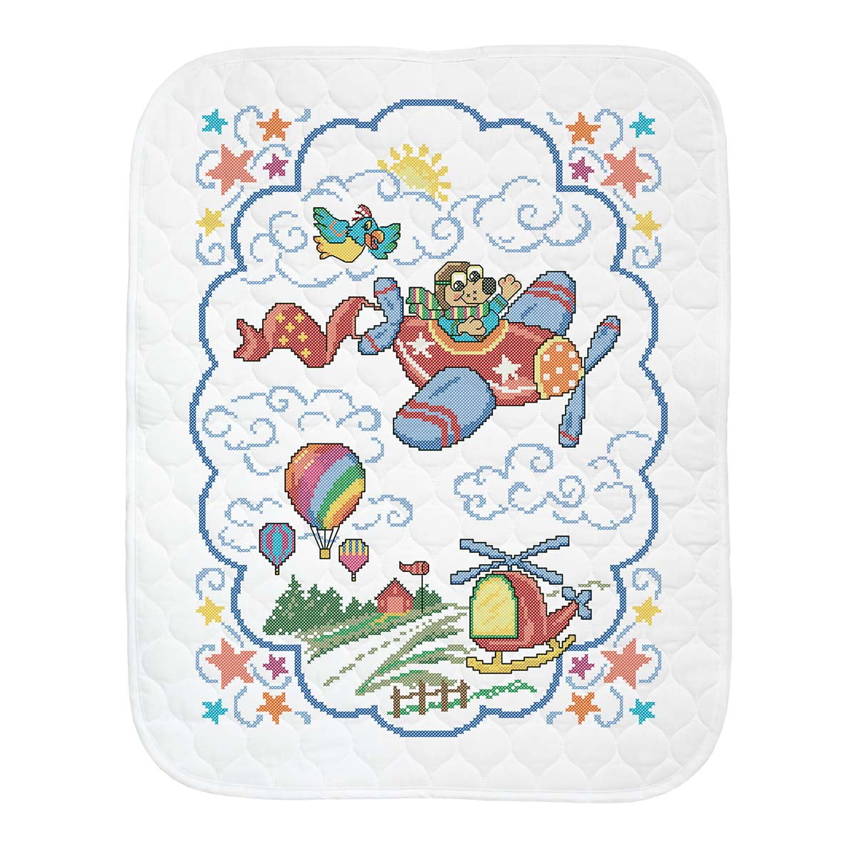 Herrschners Up Up Away Baby Quilt Stamped Cross Stitch Kit
