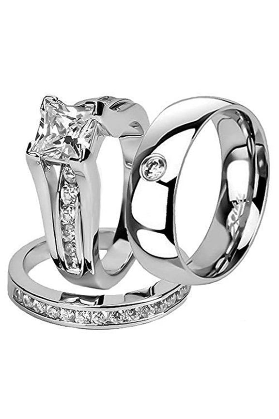 Hers And His Stainless Steel Princess Wedding Ring Set And Zirconia Wedding Band Women's Size 09 Men's Size 12