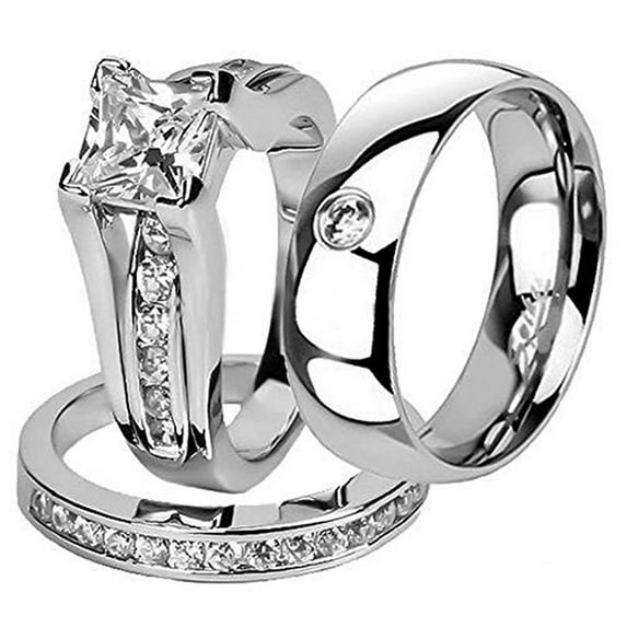 Hers And His Stainless Steel Princess Wedding Ring Set And Zirconia Wedding Band Women's Size 11 Men's Size 12