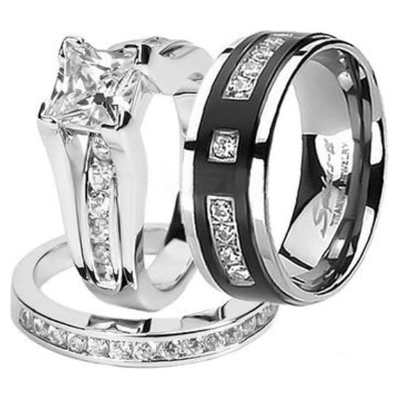 Hers And His Stainless Steel Princess Wedding Ring Set and Titanium Wedding Band Women's Size 08 Men's Size 08