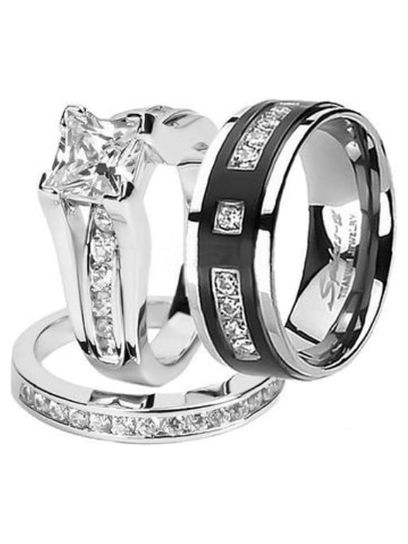 Hers And His Stainless Steel Princess Wedding Ring Set and Titanium Wedding Band Women's Size 10 Men's Size 12