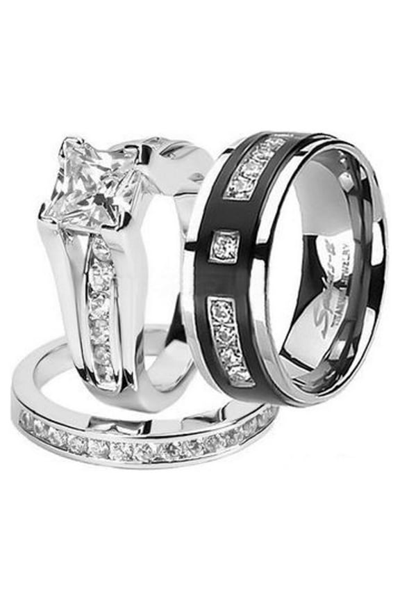 Hers And His Stainless Steel Princess Wedding Ring Set and Titanium Wedding Band Women's Size 10 Men's Size 12