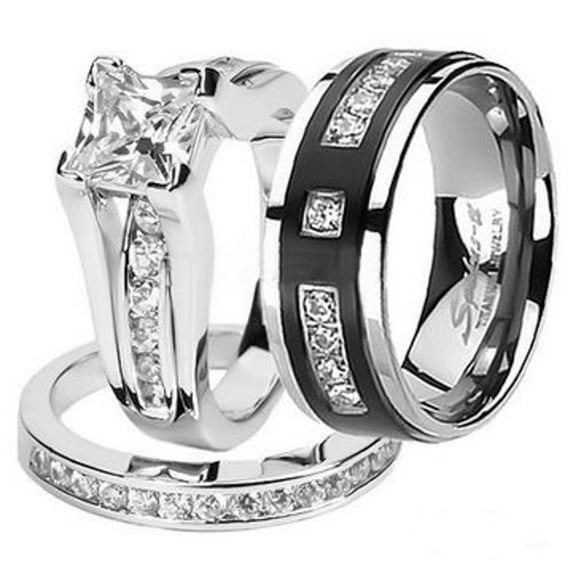 Hers And His Stainless Steel Princess Wedding Ring Set and Titanium Wedding Band Women's Size 11 Men's Size 07
