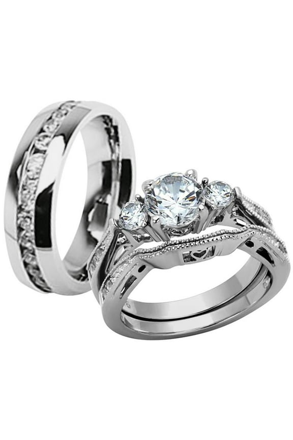 Hers & His Stainless Steel 3 Piece Cz Wedding Ring Set and Eternity Wedding Band Women's Size 06 Men's 06mm Size 08