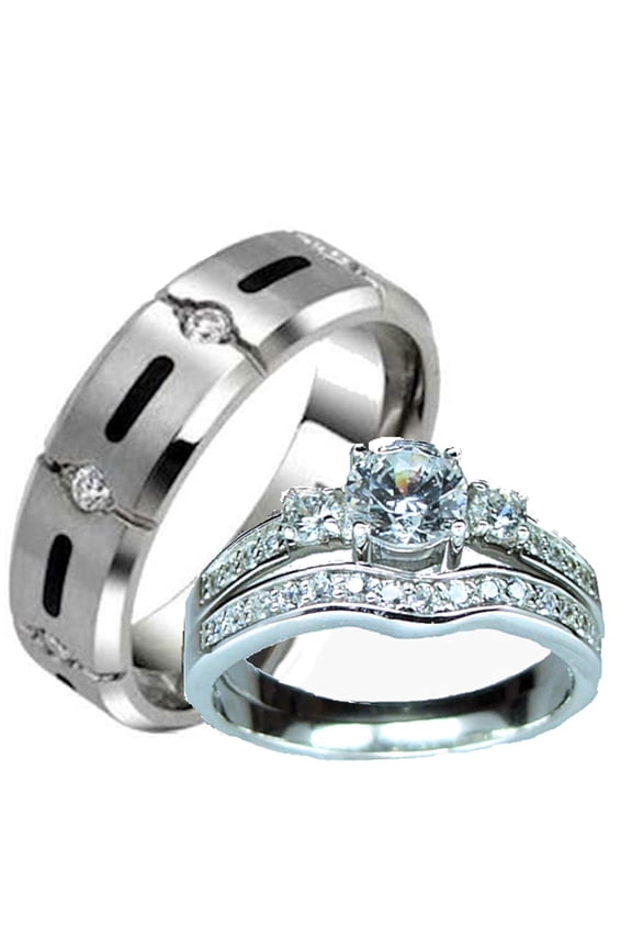 Hers & His Sterling Silver and Titanium Cz Wedding Ring Set