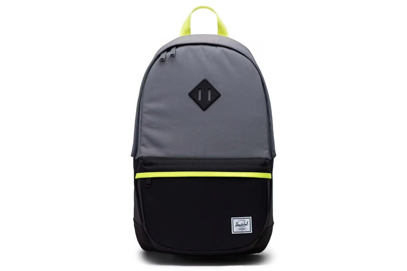 grey and yellow herschel backpack Retreat Supply Co. USA the Herschel Classic Mini is reimagined with 100% recycled fabrics and prints inspired by The Simpsons Herschel Settlement Backpack (Grey/Neon Yellow