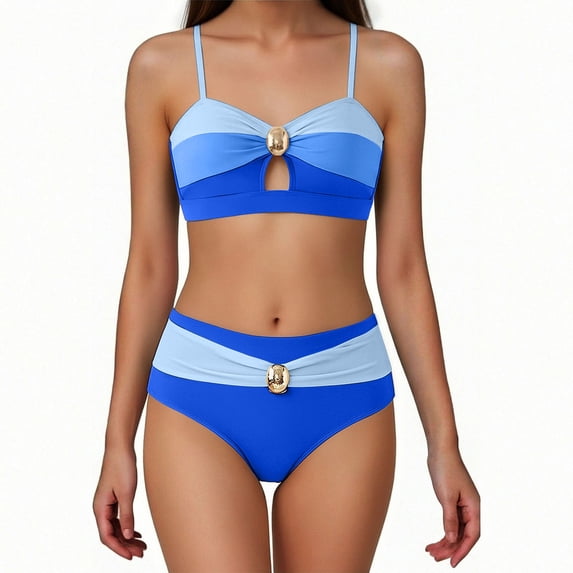 Herseas Women's 2 Piece Colorblock Bikini Sets Oval Metal Cutout Swimsuit High Waisted Beach Summer Swim Bathing Suits (M, Blue)