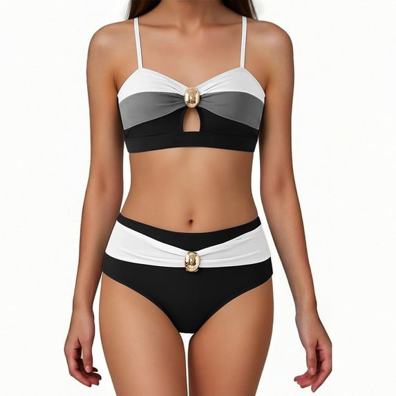 Herseas Women's 2 Piece Colorblock Bikini Sets Oval Metal Cutout Swimsuit High Waisted Beach Summer Swim Bathing Suits (XL, Black)