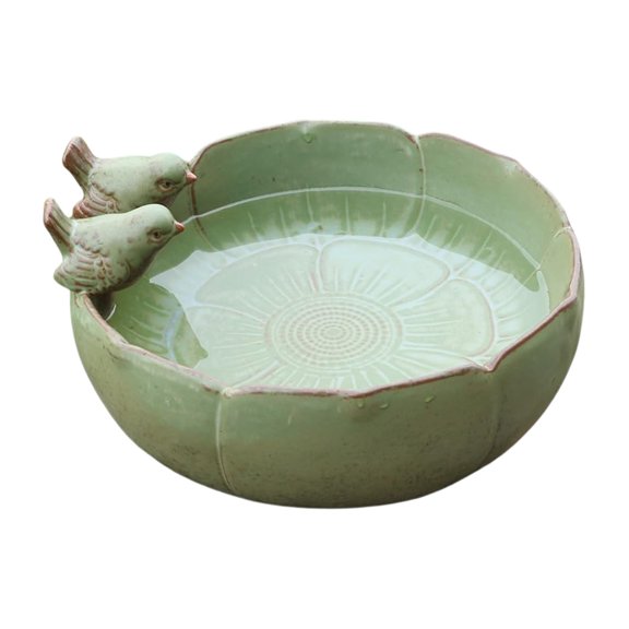 Hersfrd Ceramic Bird Bath Bowl with Perched Birds Ground Bird Bath Weather- Bird Feeding Bowl for Garden Tabletop Deck Balcony & Lawn Use (A)