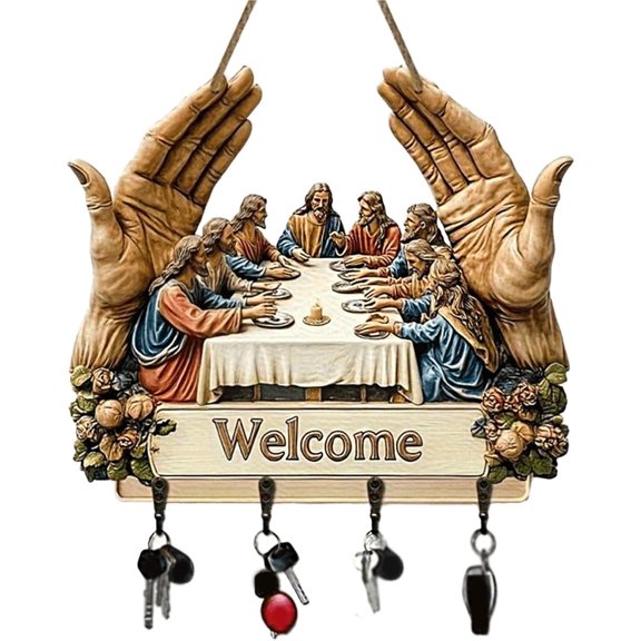 Hersfrd Flat Jesus Disciples Wall Art Keychain Holder with 4 Metal Hooks 2D Jesus Disciples Key Rack Organizers Wear Resist Small Keychains Organizer Racks for Entryway Front Door Kitchen Hallway