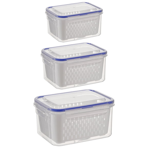 Hersfrd Fruit Storage Containers for Fridge Leakproof Food Storage Containers with Removable Colander Plastic Fresh Produce Saver Keep Fruits Vegetables Berry Meat Fresh Longer (Blue 3Pcs)