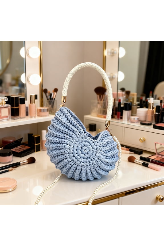 Seashell Bag Women Handwoven Crochet Shoulder Purse with Pearl Chain Beach Clutch Hobo Crossbody Handbag for Summer Outdoor Travel Vacation (Blue)