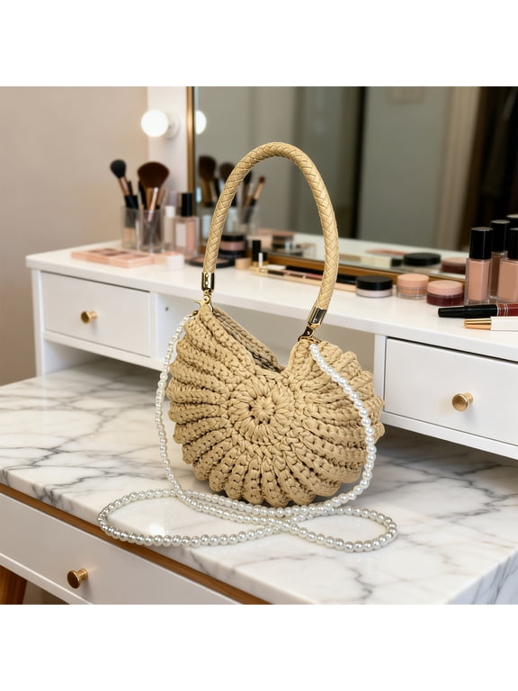 Seashell Bag Women Handwoven Crochet Shoulder Purse with Pearl Chain Beach Clutch Hobo Crossbody Handbag for Summer Outdoor Travel Vacation (Khaki)