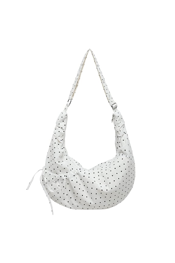 Women Nylon Polka Dot Crescent Crossbody Bag Adjustable Strap Moon Shoulder Bag with Zipper for Shopping Work & Daily Use (White)