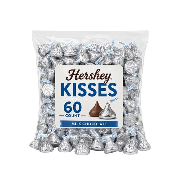 Hersh,eys Milk Chocolate Kisses, 60 pcs - Individually Wrapped Silver Foil Milk Chocolate Candy for Party Favors, Candy Buffets