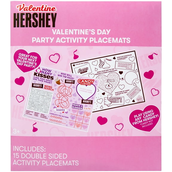 Hershey Brand Valentine's Day Paper Activity Placemats, Pink, 15 Count, 9" x 8", Ages 3+, Unisex