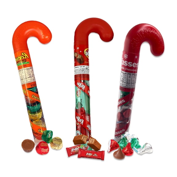 Hershey Kisses, Reeses Peanut Butter Mini, and Kit Kat Candy Cane Tube Pack of 3