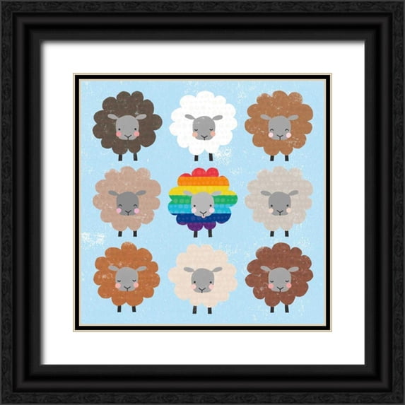 Hershey, Moira 26x26 Black Ornate Wood Framed with Double Matting Museum Art Print Titled - Be Ewe Brown and Rainbow Sheep Sq