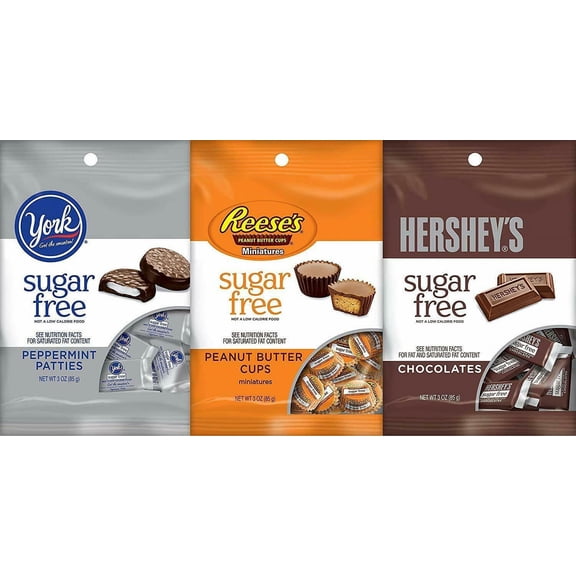 Hershey's Chocolate 3-Ounce Peg Bag Bundle: One 3 Ounce Bag York Sugar Free Peppermint Patties, One 3 Ounce Bag Reese's Sugar Free Peanut Butter Cups, and 3 Ounce Bag...