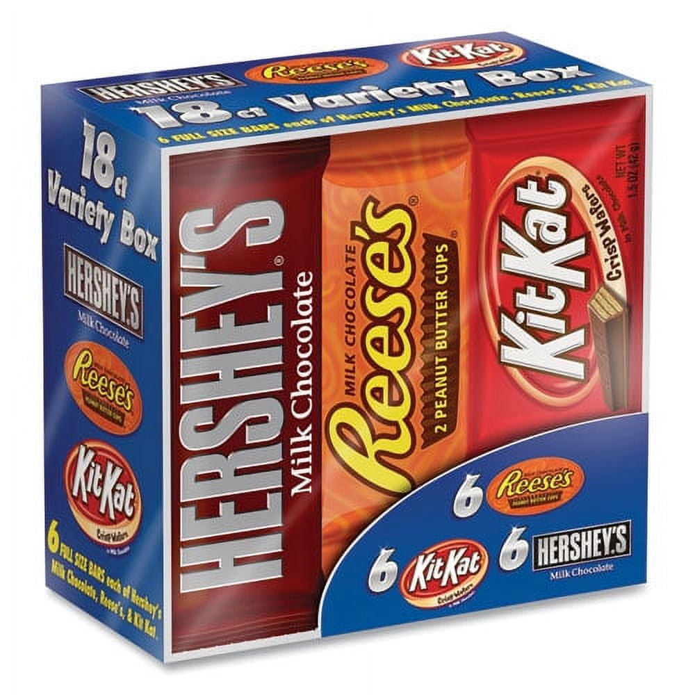Hersheys Full Size Chocolate Candy Bar Variety Pack, Assorted 1.5 oz Bar, 18 Bars/Box, Delivered in 1-4 Business Days