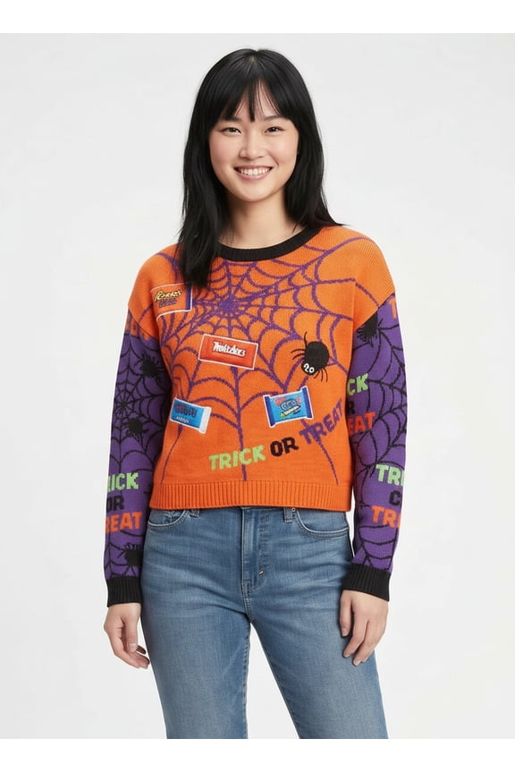 Juniors' Trick or Treat Spooky Long Sleeve Crewneck Sweater, Sizes S-XL