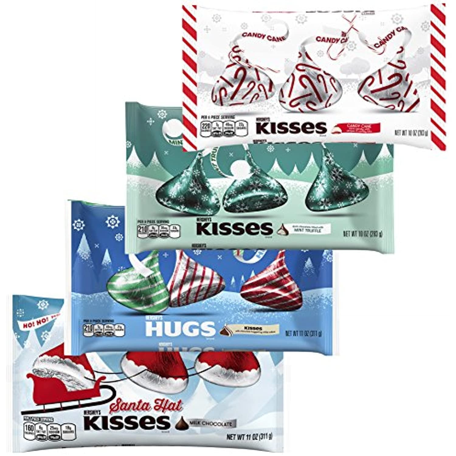 Hershey's Kisses Chocolate Milk Chocolate Holiday Variety Pack - Bulk Christmas Assortment - 9 - 10.1 Ounce Bags (4 Pack) (Candy Cane, Mint Truffle, Hugs, Santa Hat)