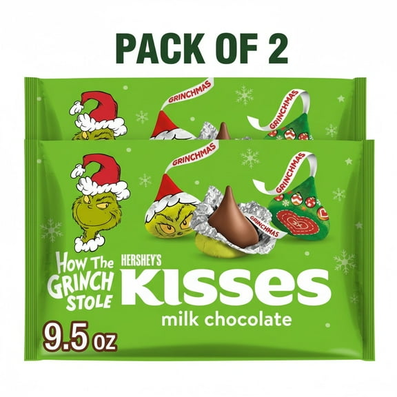 Hershey's Kisses Grinch Milk Chocolate Christmas Candy, Bag 9.5 oz,2 PACK