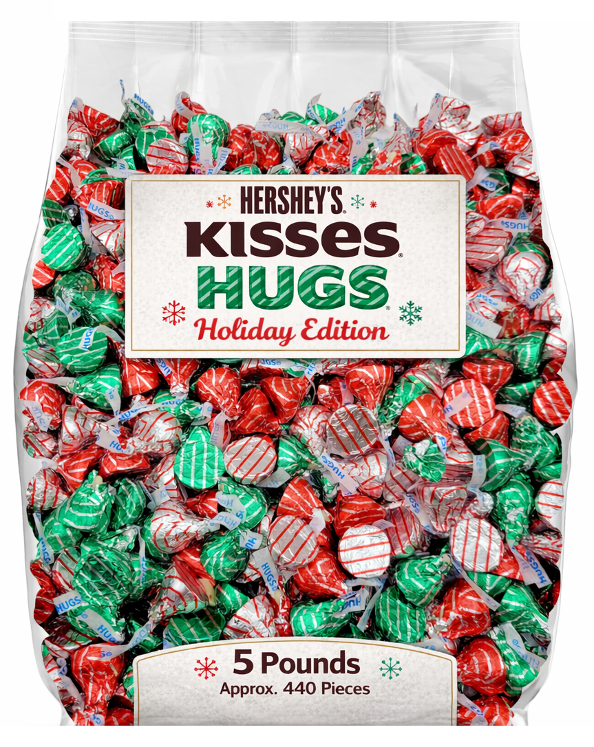 Hershey's Kisses Hugs, Milk Chocolate Hugged by White Crème, Bulk Christmas Holiday Edition Candy (5 Pounds)