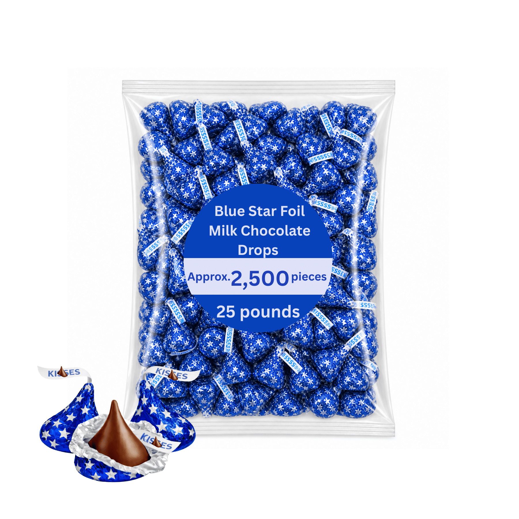 Hershey's Kisses Milk Chocolate - Blue Foils with Stars, 25 lb