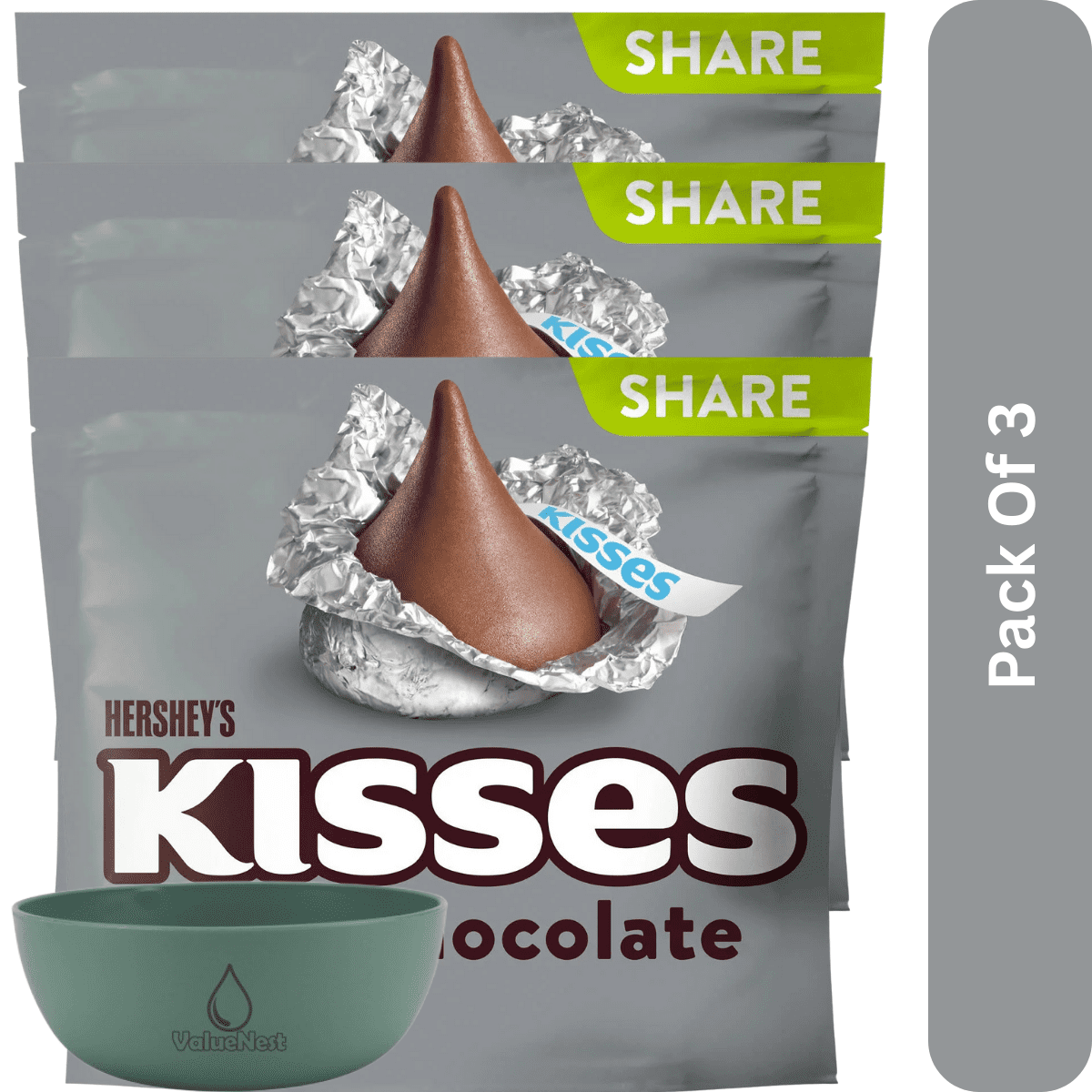 Hershey's Kisses Milk Chocolate Candy, 10.8 oz Share Pack, With Olive Green Bowl By ValueNest