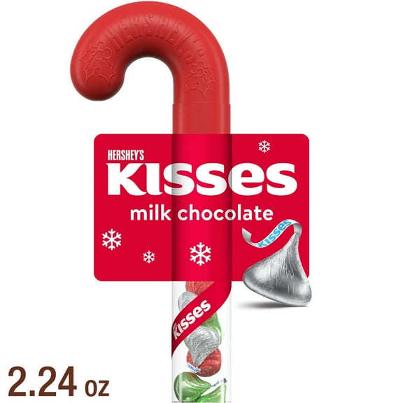 Hershey's Kisses Milk Chocolate Christmas Candy, Plastic Cane 2.24 oz