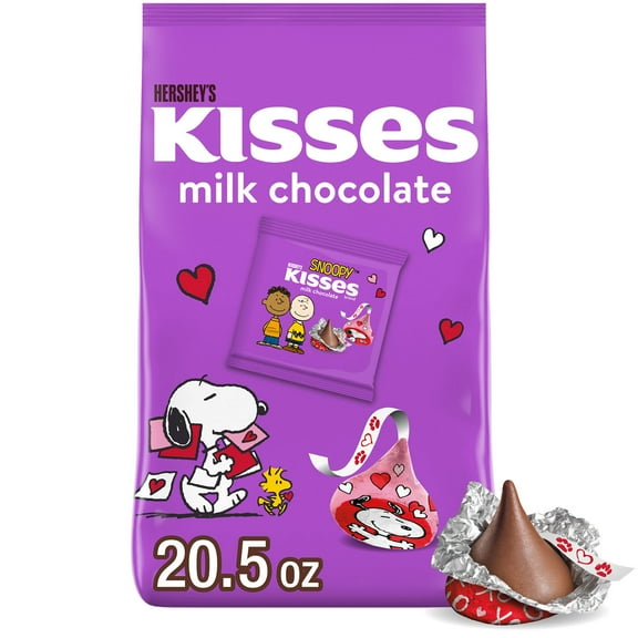 HERSHEY'S KISSES Milk Chocolate Snoopy™ and Friends, Valentine's Candy Friend Exchange Bag, 20.5 oz (32 Packs)