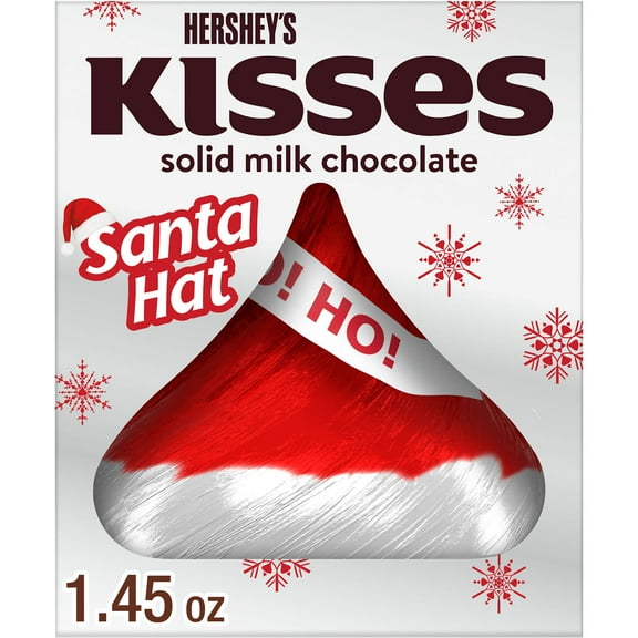 Hershey's Kisses Solid Milk Chocolate Santa Hat Christmas Candy Stocking Stuffers, Gift Box 1.45 oz