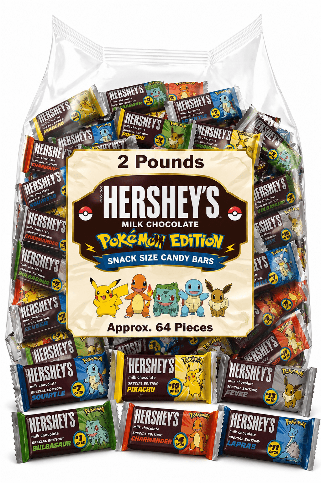 Hershey’s Milk Chocolate, Pokémoon Edition 18 Designs, Snack Size Candy Bars (2 Pounds)