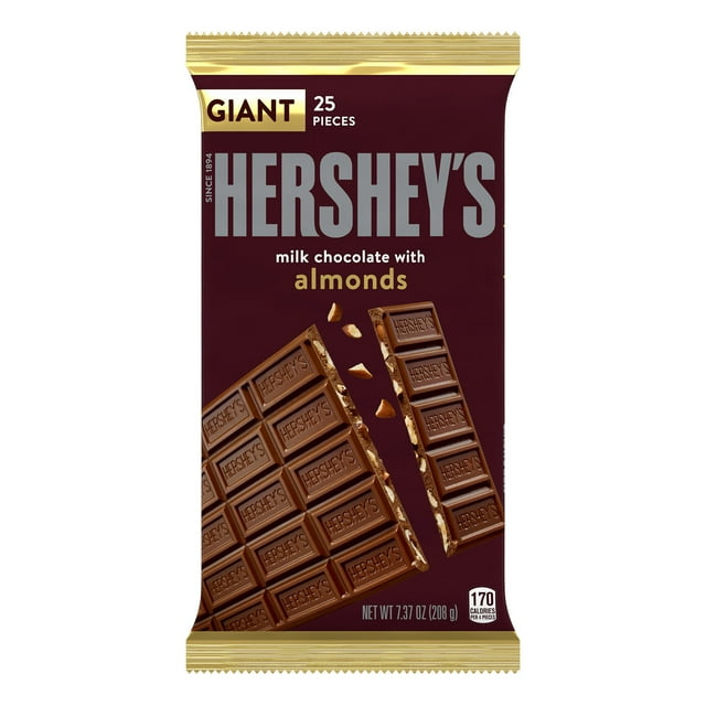 Hershey's Milk Chocolate with Almonds Giant Candy, Bar 7.37 oz, 25
