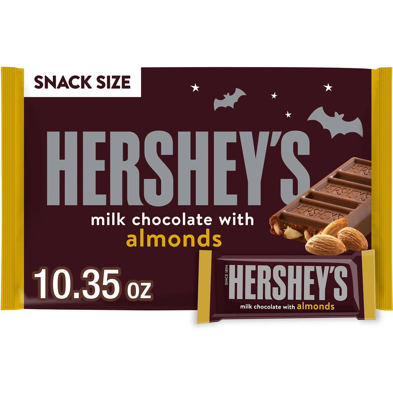 HERSHEY'S Milk Chocolate with Almonds Snack Size, Halloween Candy Bag, 10.35 oz