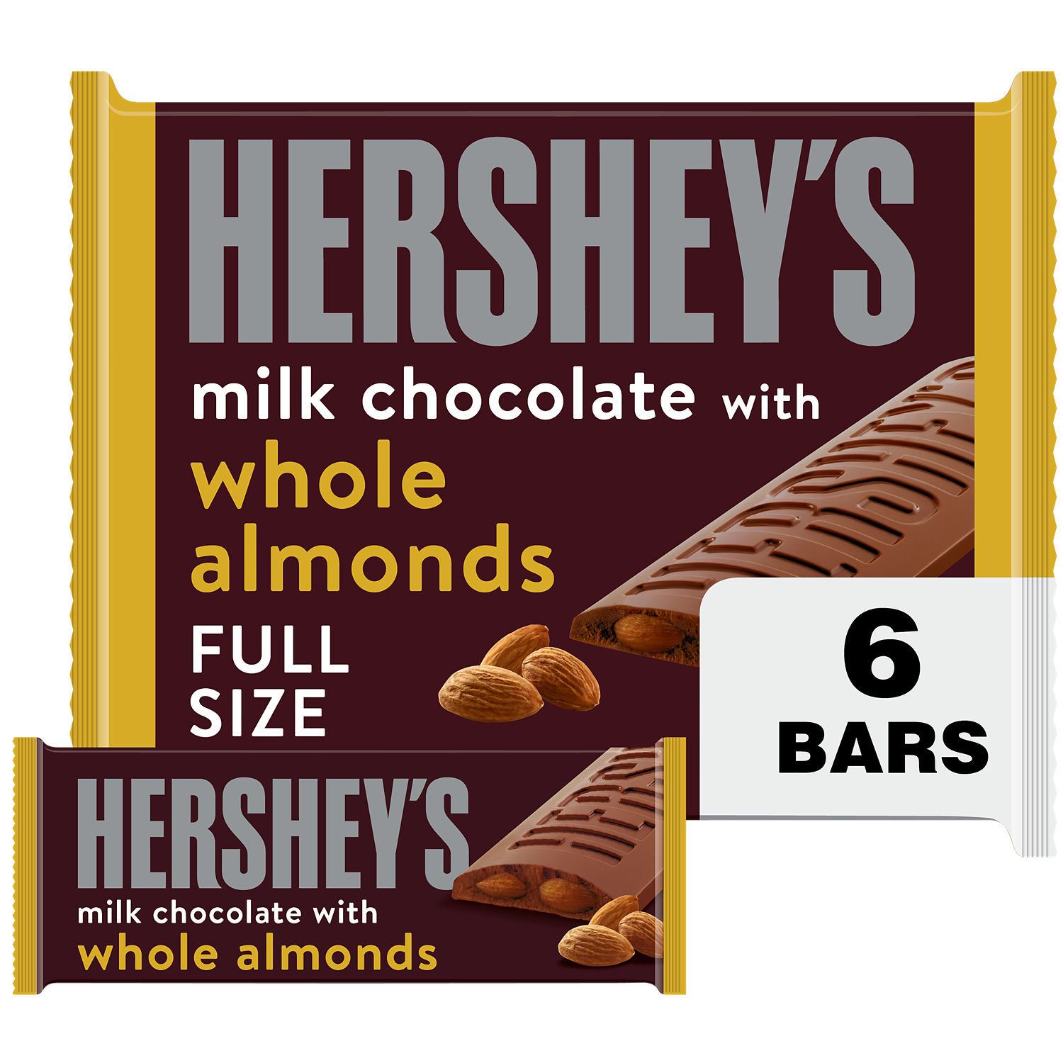 Hershey's Milk Chocolate with Whole Almonds Candy, Bars 1.45 oz, 6 Count - image 1 of 9