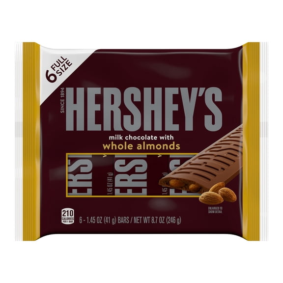 Hershey's Milk Chocolate with Whole Almonds Candy, Bars 1.45 oz, 6 Count