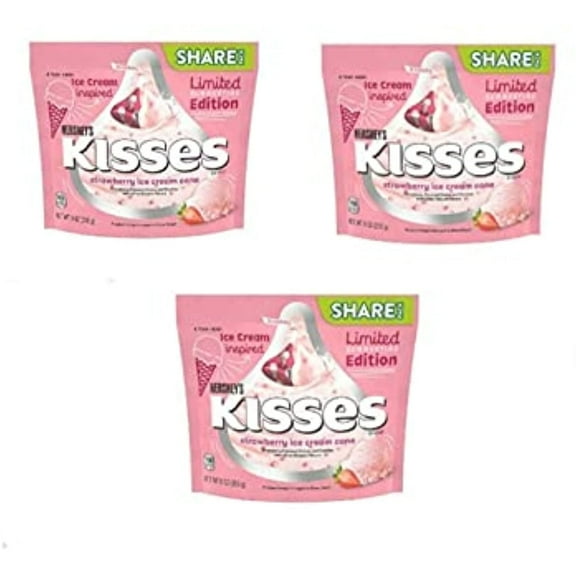 Hersheys Kisses Strawberry Ice Cream Cone Candy Share Bag Limited Summertime Edition (9 Oz), Pack Of 3